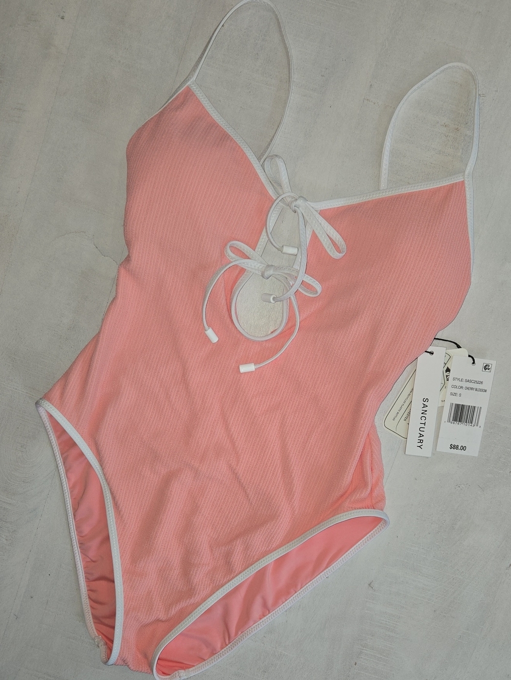 Sanctuary Coral Pink Ribbed One-Piece Swimsuit with White Trim NWT Size Small